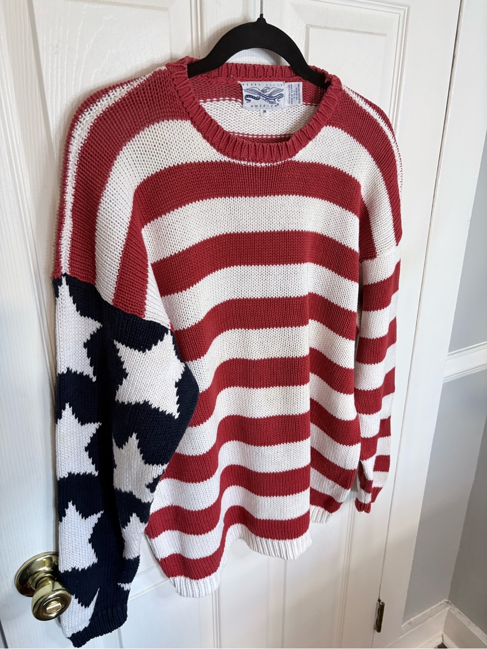 Vintage Perry Ellis America USA Flag Sweater Red White Blue Cotton Knit Unisex - Picture 3 of 9